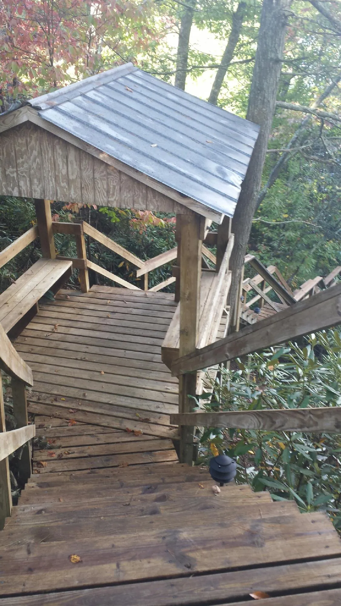 Metal roofed shelter over wooden steps on a wooded walkway — Skylight Repair & Installation work by our crew in Greeley